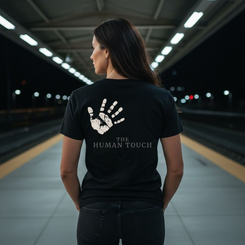 Person wearing a black t-shirt with a handprint design and 'The Human Touch' text at a train station.