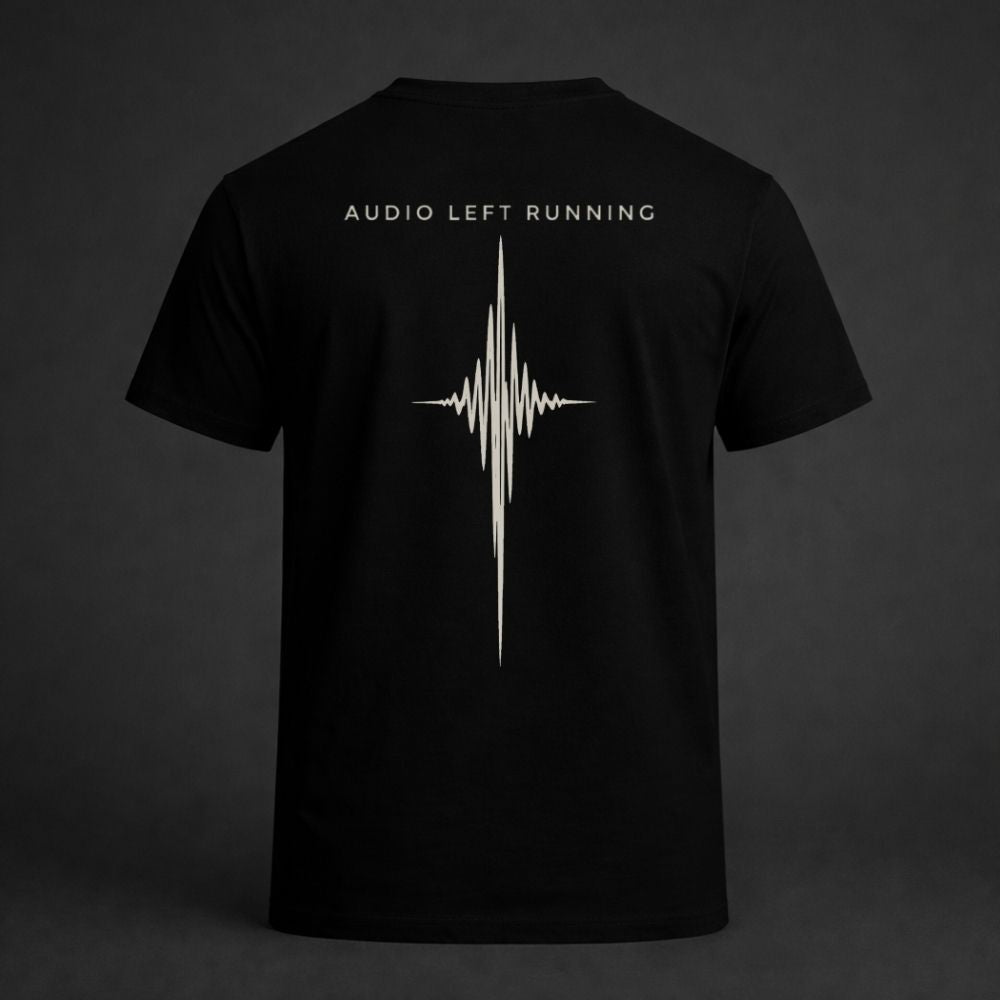 Back print black t-shirt with bone ink vertical waveform and “Audio Left Running” text