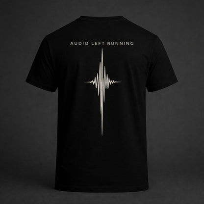 Back print black t-shirt with bone ink vertical waveform and “Audio Left Running” text