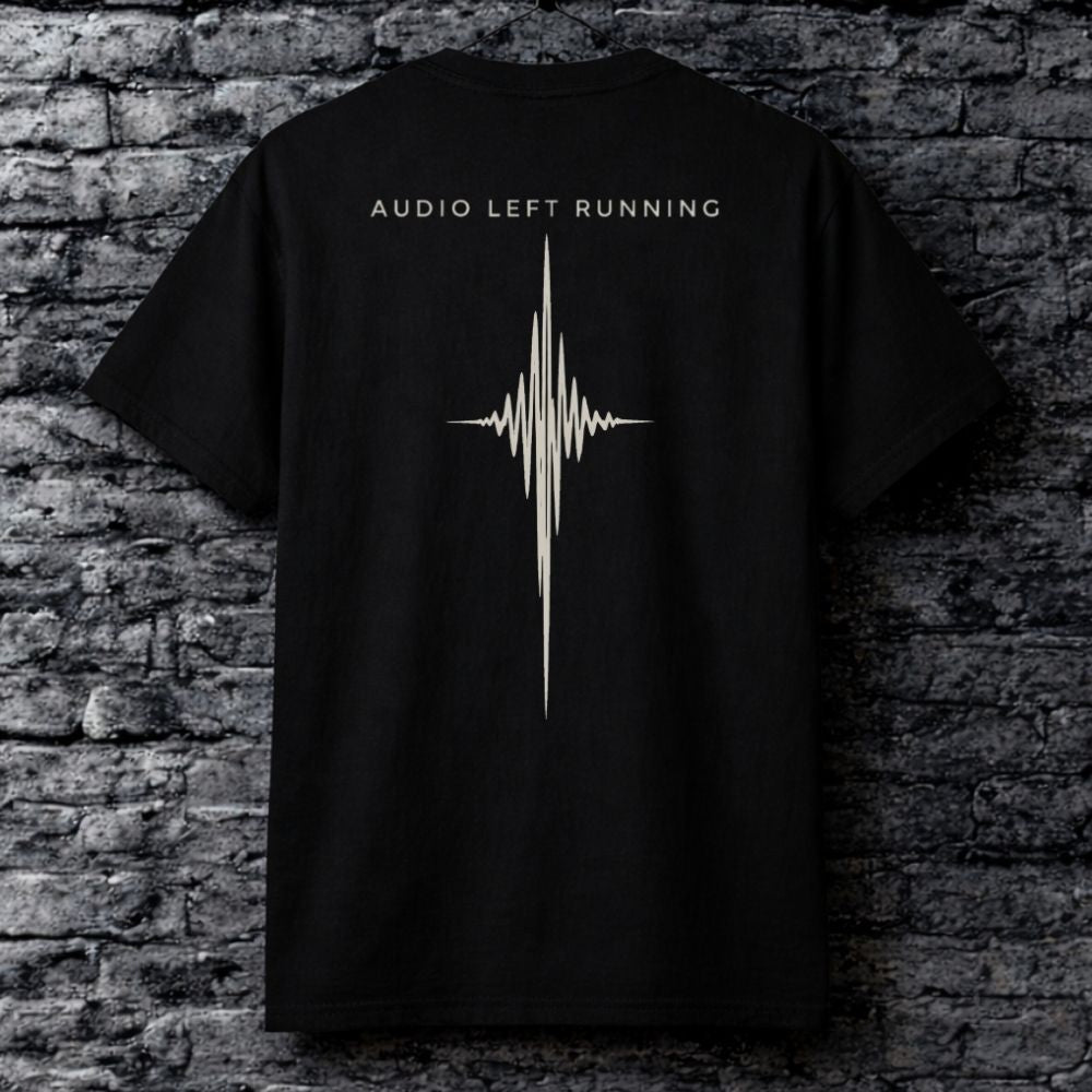 Minimal bone ink signal graphic on black urban streetwear t-shirt