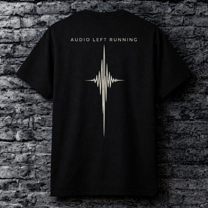 Minimal bone ink signal graphic on black urban streetwear t-shirt