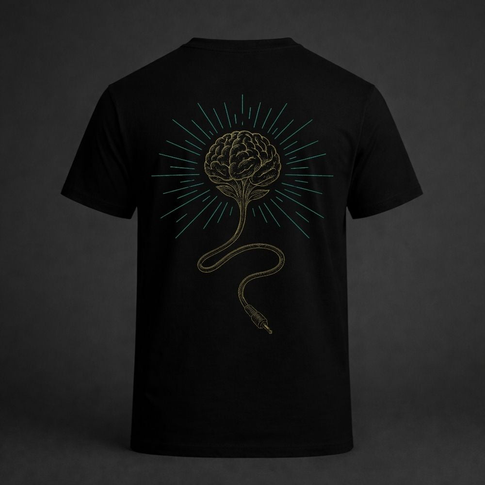 Black t-shirt with gold brain graphic wired to analog cable and teal radiating lines