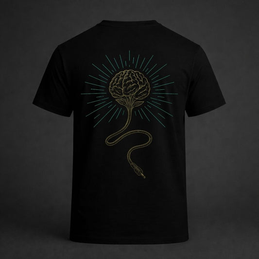 Black t-shirt with gold brain graphic wired to analog cable and teal radiating lines