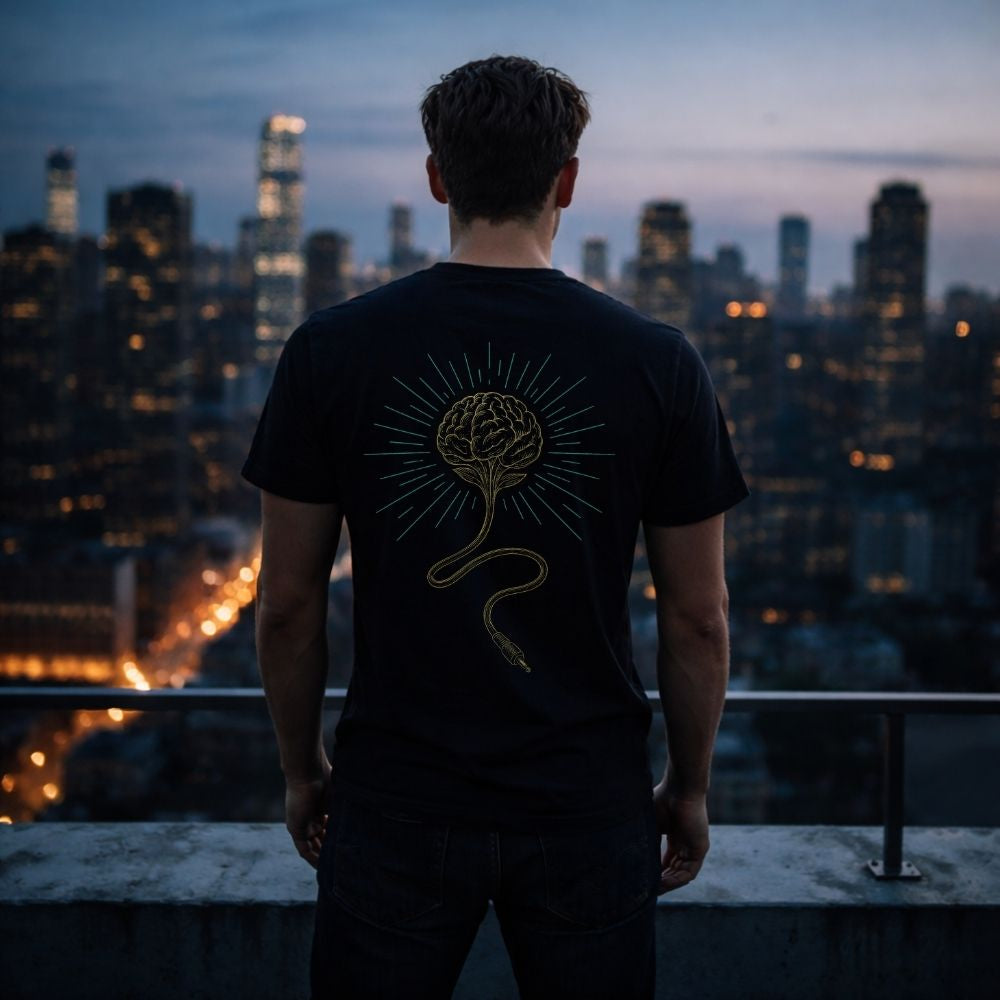 Male model wearing black Wired Consciousness shirt overlooking city skyline