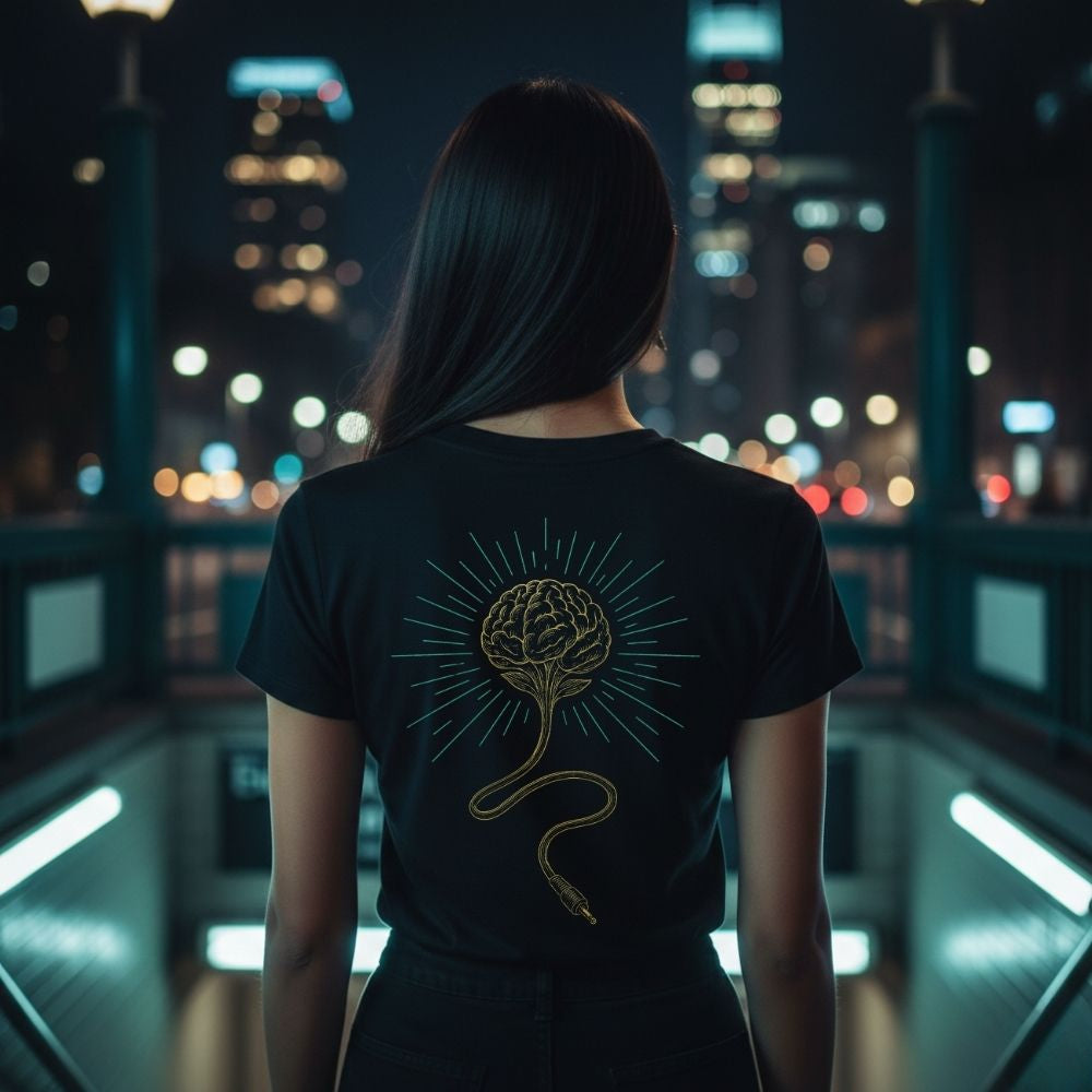 Female model wearing intellectual brain signal graphic back print tee