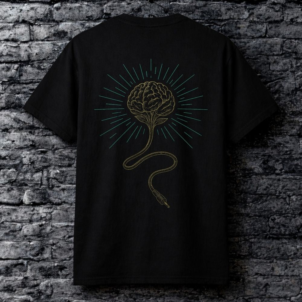 Premium black back print shirt featuring gold brain and teal signal rays