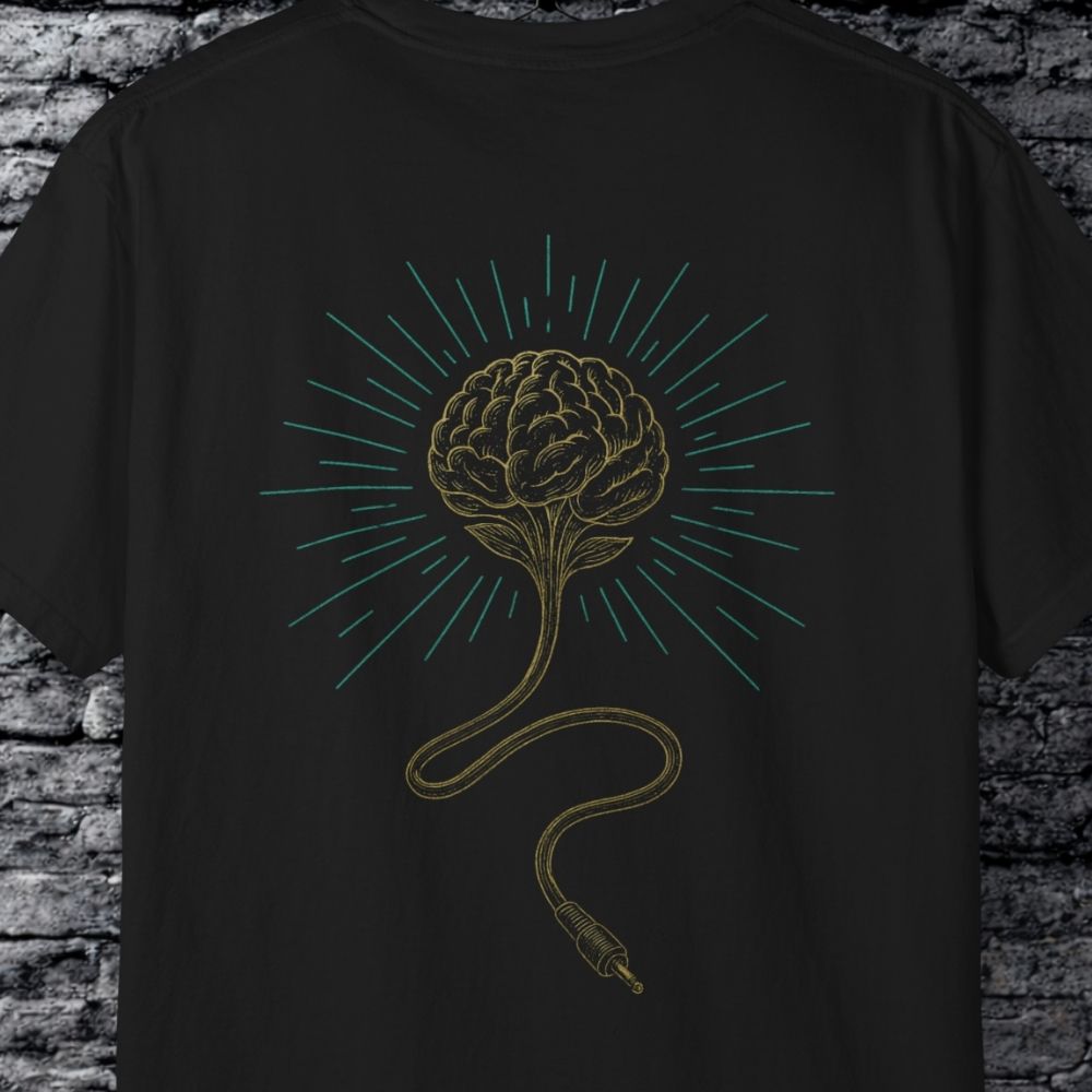 Close-up of wired brain illustration on minimalist streetwear tee
