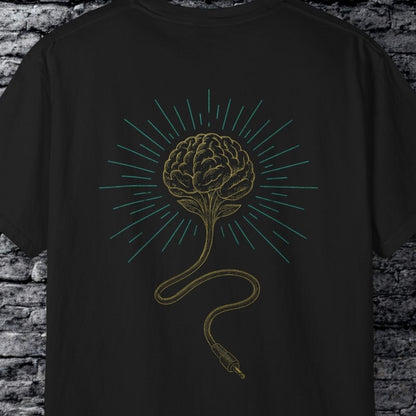Close-up of wired brain illustration on minimalist streetwear tee