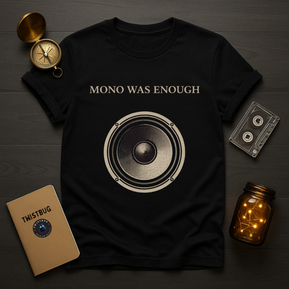 Mono Was Enough black t-shirt with analog speaker graphic in bone ink, styled with vintage cassette and compass.