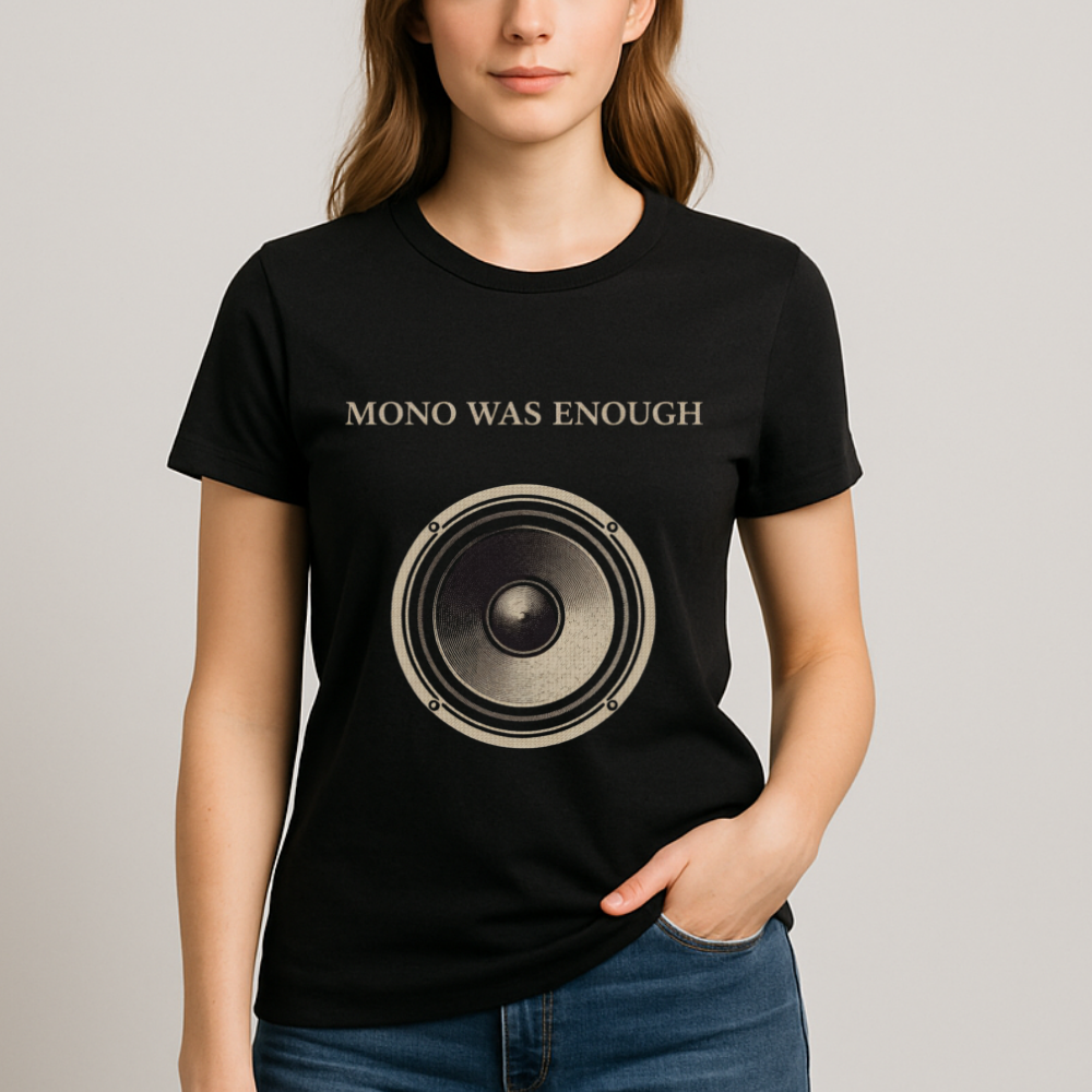 Female model wearing Mono Was Enough minimalist speaker graphic shirt in black.