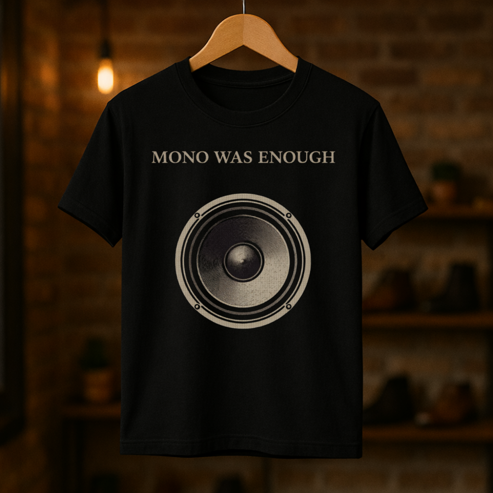 Mono Was Enough black analog speaker graphic t-shirt hanging in warm studio setting.