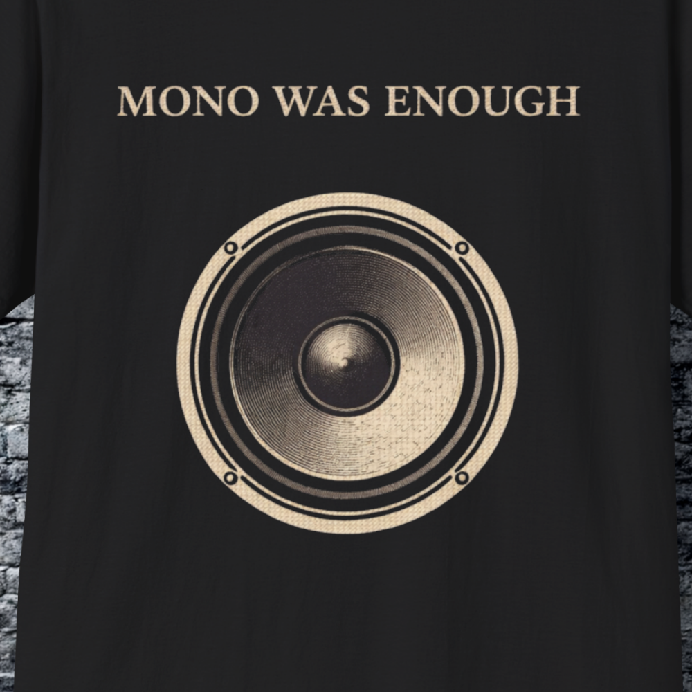 Close-up detail of Mono Was Enough speaker graphic printed in bone ink on black fabric.