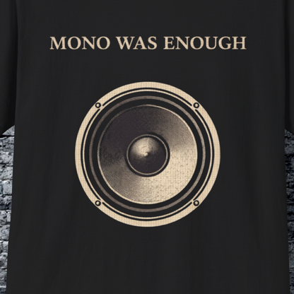 Close-up detail of Mono Was Enough speaker graphic printed in bone ink on black fabric.
