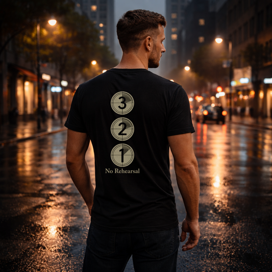 Model wearing No Rehearsal graphic back print tee outdoors