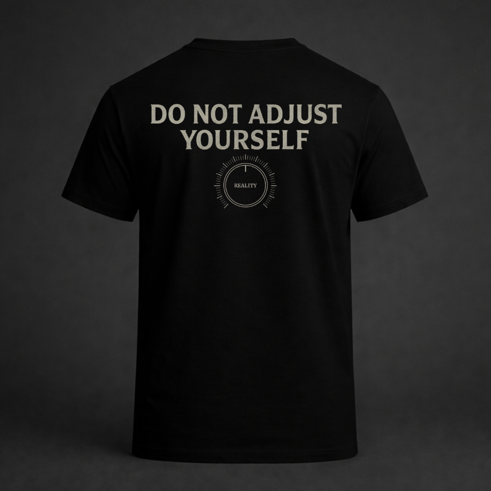 Black t-shirt with 'DO NOT ADJUST YOURSELF' text on a dark background