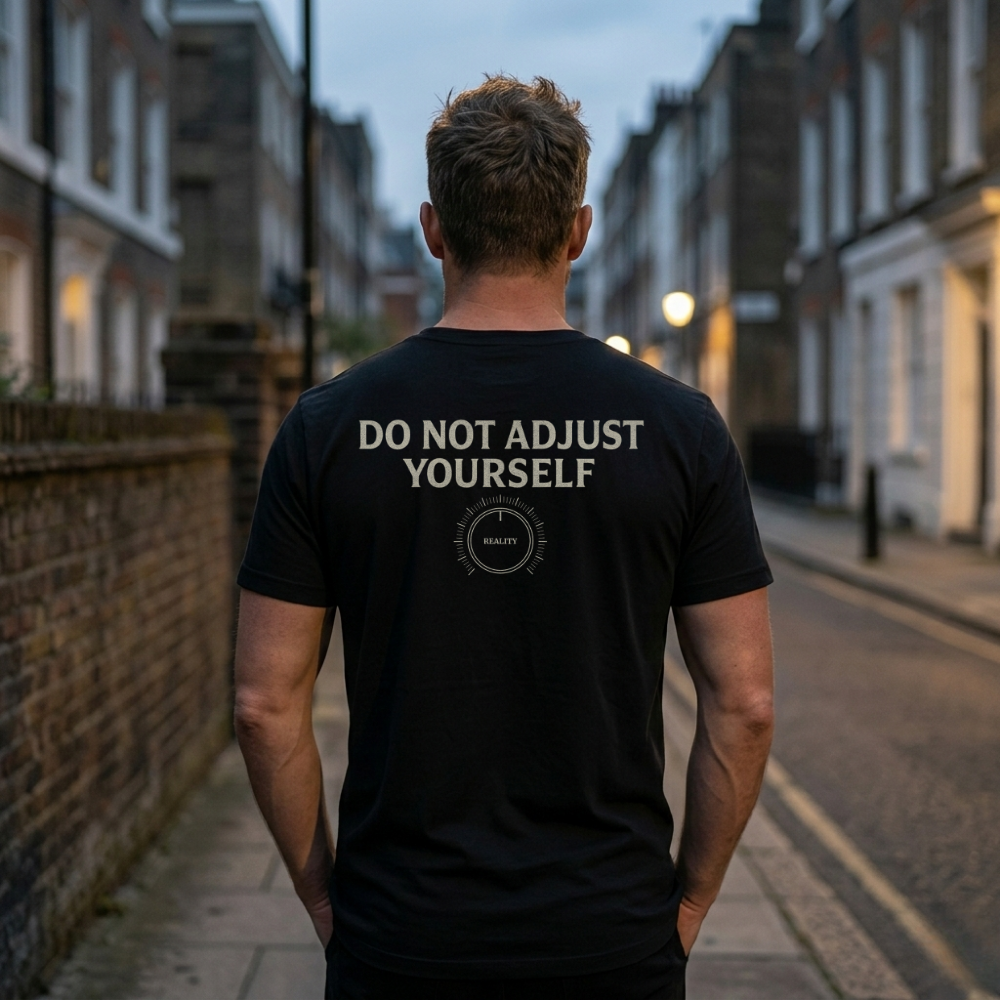 Person wearing a black t-shirt with text on the back, standing on a street.