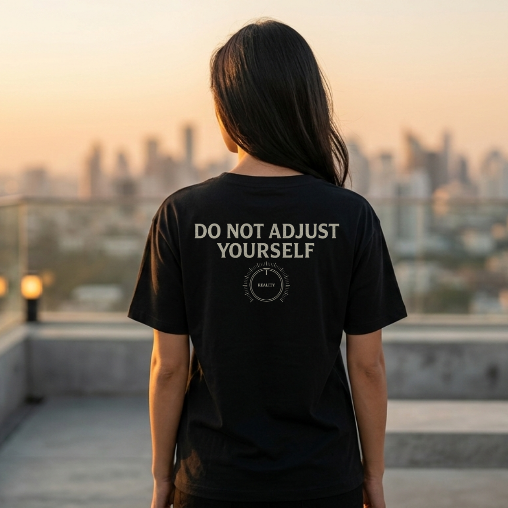 Person wearing a black t-shirt with 'DO NOT ADJUST YOURSELF' text, standing on a rooftop with a cityscape in the background.