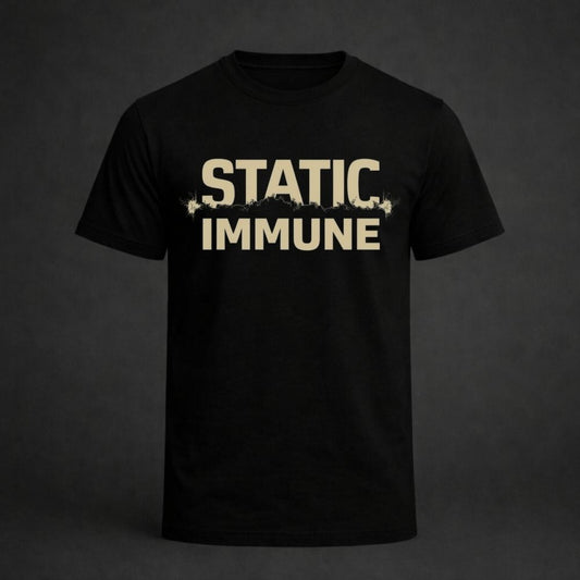 Black t-shirt with 'STATIC IMMUNE' text on a dark background