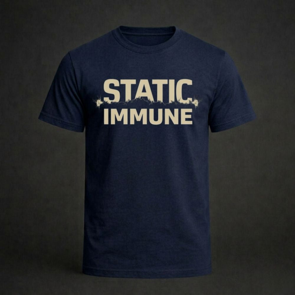 Navy blue t-shirt with 'STATIC IMMUNE' text on a dark background