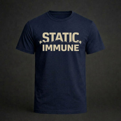 Navy blue t-shirt with 'STATIC IMMUNE' text on a dark background