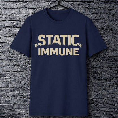 Navy blue t-shirt with 'STATIC IMMUNE' text on a textured gray background