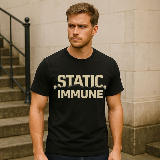 Man wearing a black t-shirt with 'STATIC IMMUNE' text standing against a stone wall.