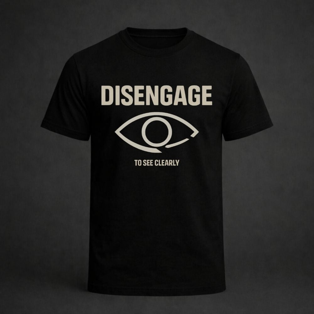 Black t-shirt with white text and eye graphic on a dark background