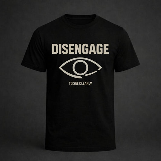 Black t-shirt with white text and eye graphic on a dark background