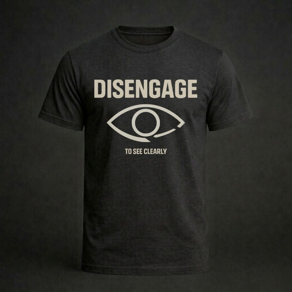 Black t-shirt with 'DISENGAGE TO SEE CLEARLY' text and eye symbol on a dark background