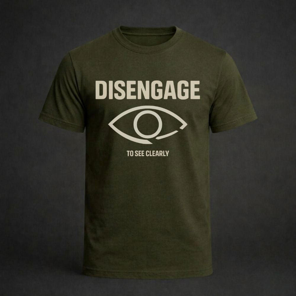Green t-shirt with 'DISENGAGE TO SEE CLEARLY' text and eye graphic on a dark background