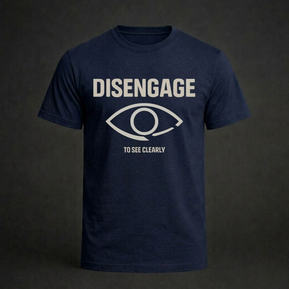 Navy blue t-shirt with 'DISENGAGE TO SEE CLEARLY' text and eye graphic on a dark background
