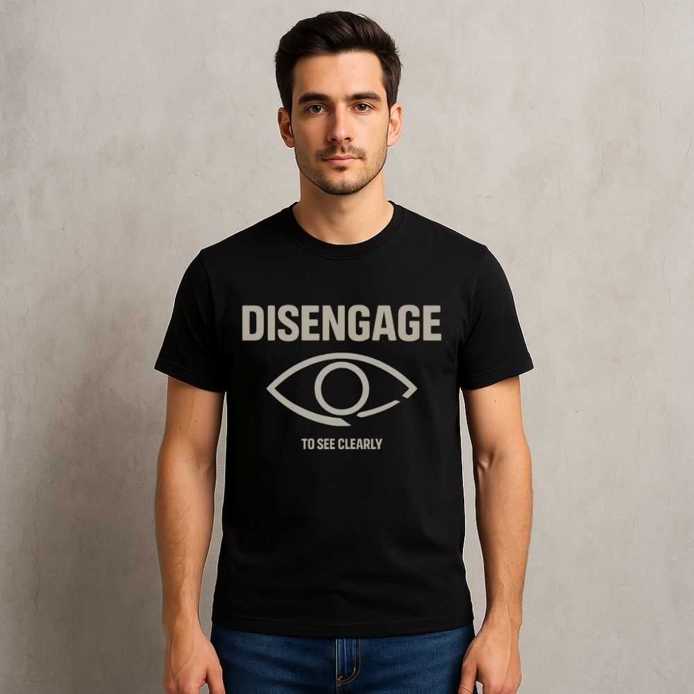 Man wearing a black t-shirt with 'DISENGAGE' and an eye symbol on a plain background