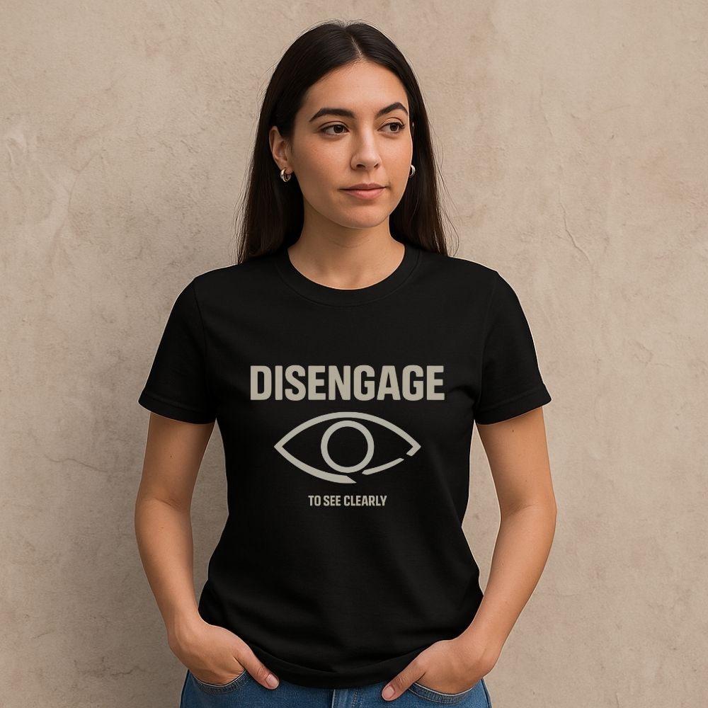 Person wearing a black t-shirt with 'DISENGAGE' and an eye symbol on a beige background