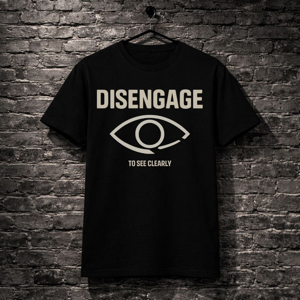 Black t-shirt with 'DISENGAGE TO SEE CLEARLY' text and eye symbol on a brick wall background