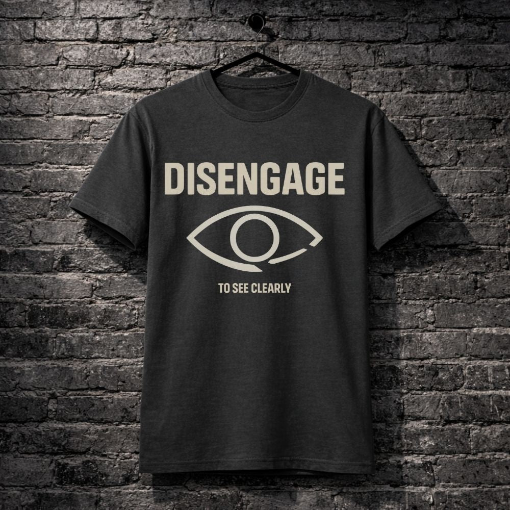 Black t-shirt with 'DISENGAGE TO SEE CLEARLY' text and eye graphic on a brick wall background