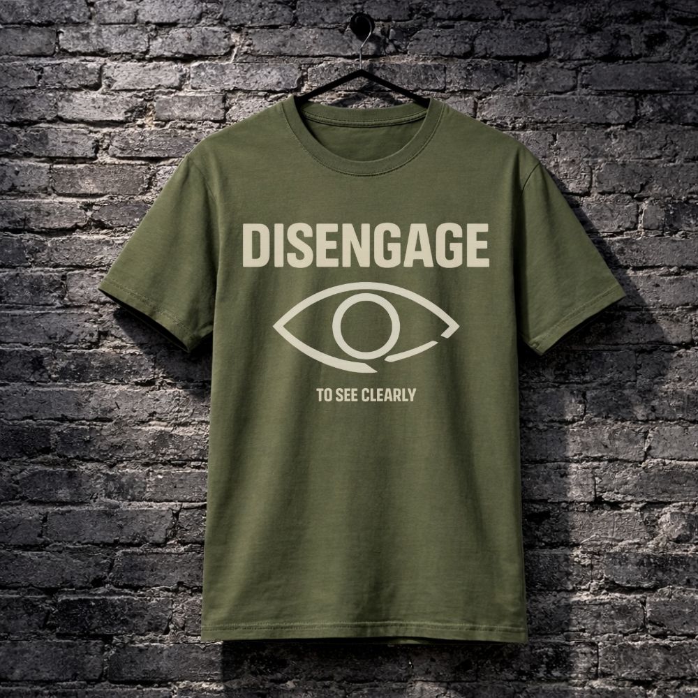 Green t-shirt with 'DISENGAGE' and eye graphic on a brick wall background