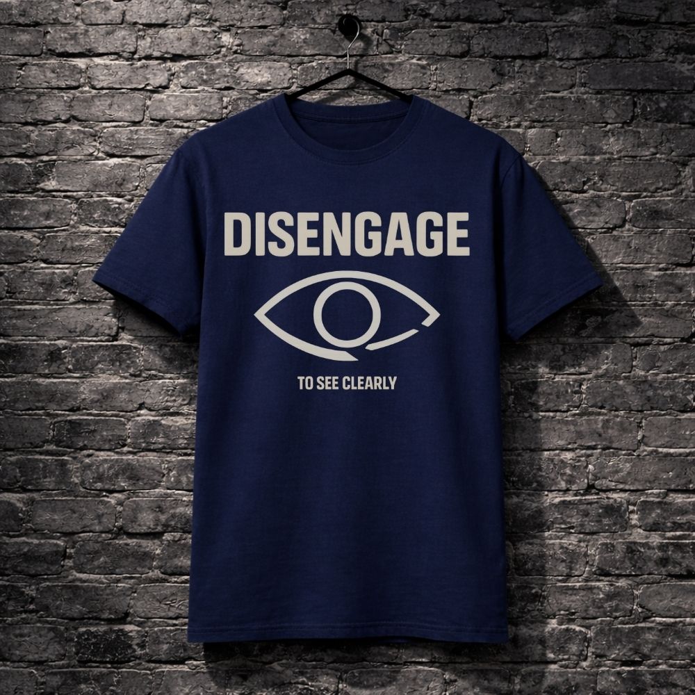 Navy blue t-shirt with 'DISENGAGE TO SEE CLEARLY' text and eye symbol on a brick wall background