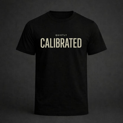 Black t-shirt with 'CALIBRATED' text on a dark background