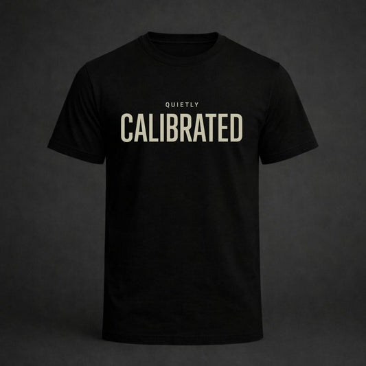 Black t-shirt with 'CALIBRATED' text on a dark background