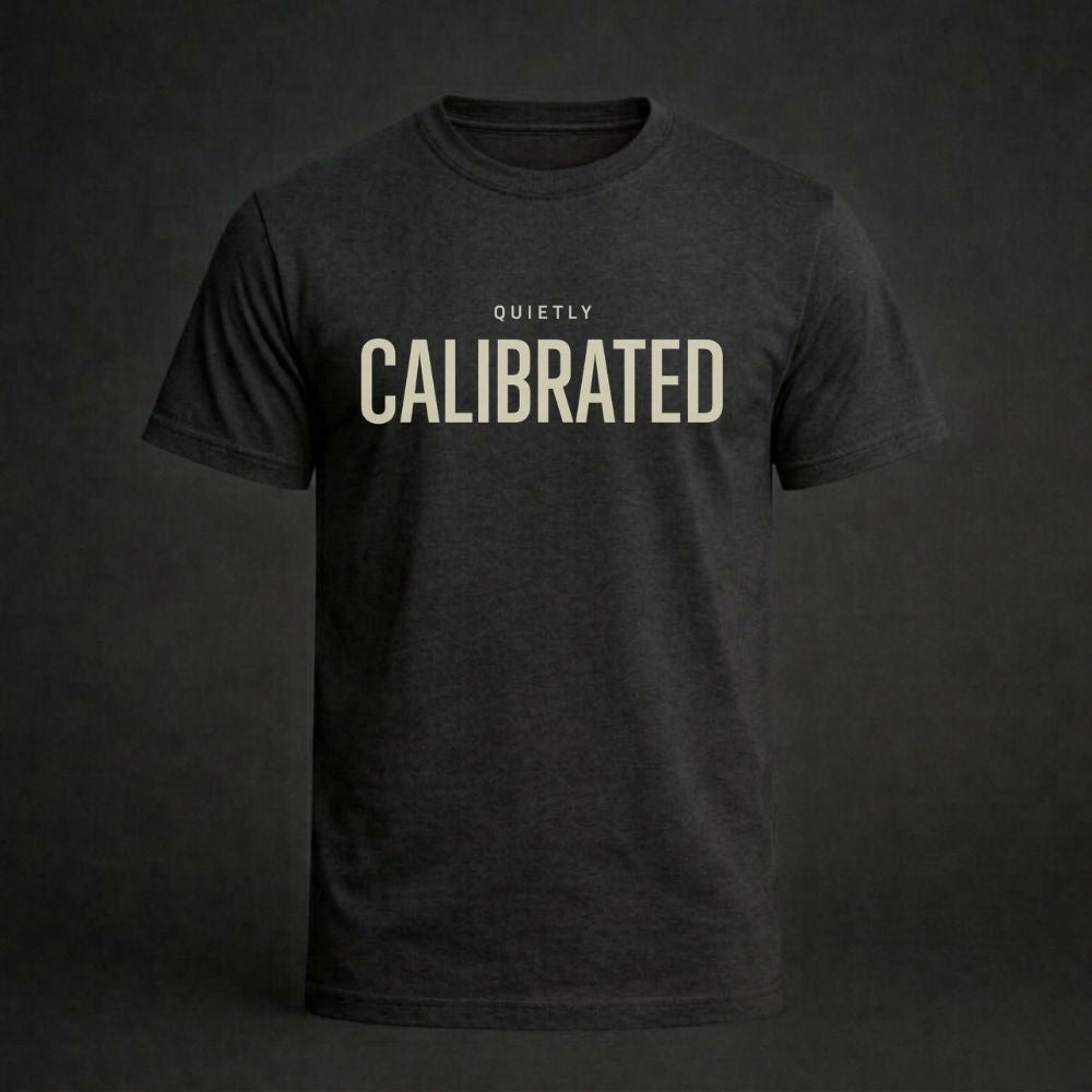 Black t-shirt with 'Quietly Calibrated' text on a dark background