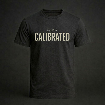 Black t-shirt with 'Quietly Calibrated' text on a dark background