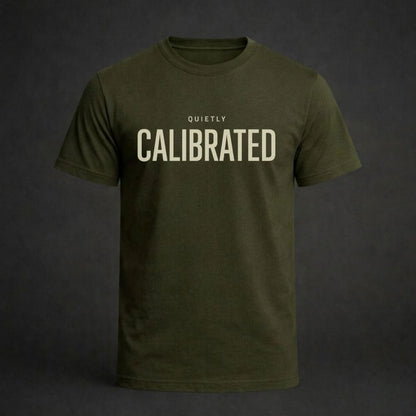 Green t-shirt with 'Quietly Calibrated' text on a dark background