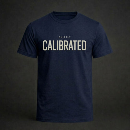 Navy blue t-shirt with 'Quietly Calibrated' text on a dark background