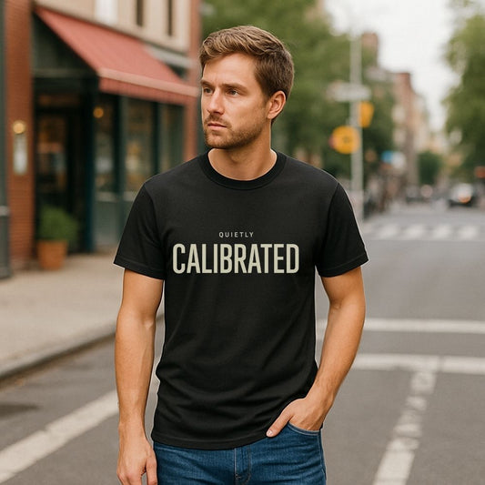 Man wearing a black t-shirt with 'Quietly Calibrated' text on a city street.