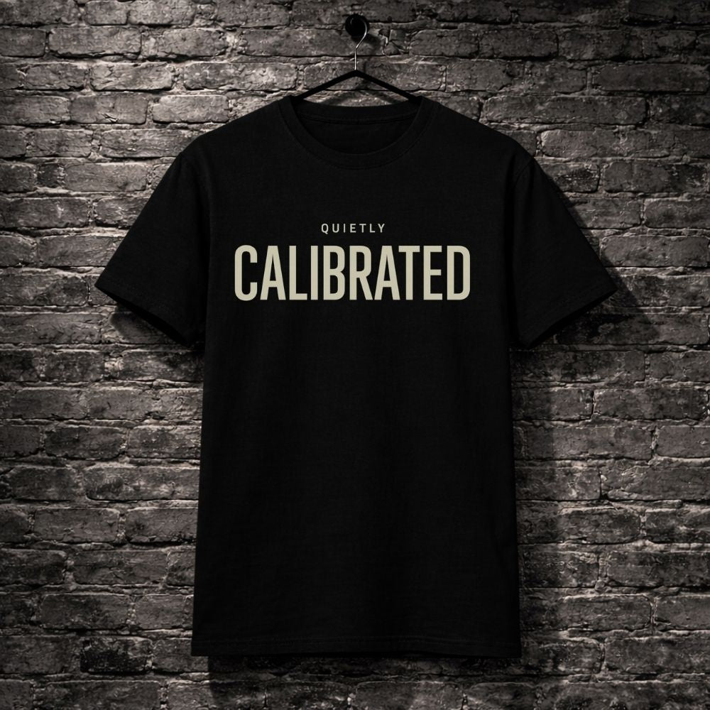Black t-shirt with 'CALIBRATED' text on a brick wall background