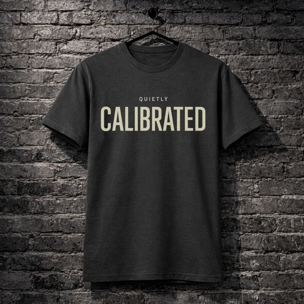 Black t-shirt with 'CALIBRATED' text on a brick wall background