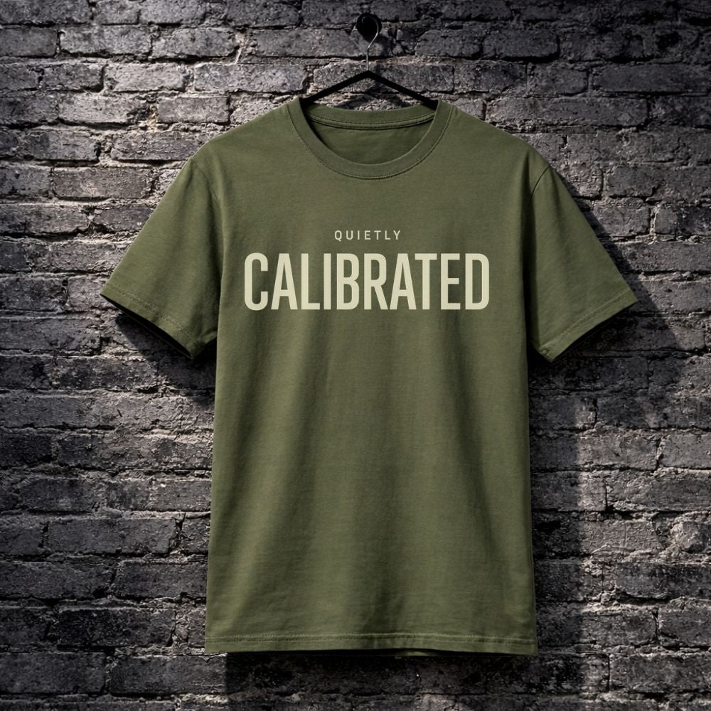 Green t-shirt with 'QUIETLY CALIBRATED' text on a brick wall background