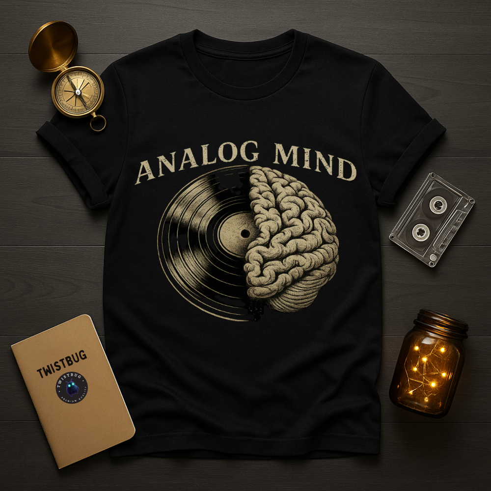 Black t-shirt with 'Analog Mind' design on a wooden surface with vintage items.