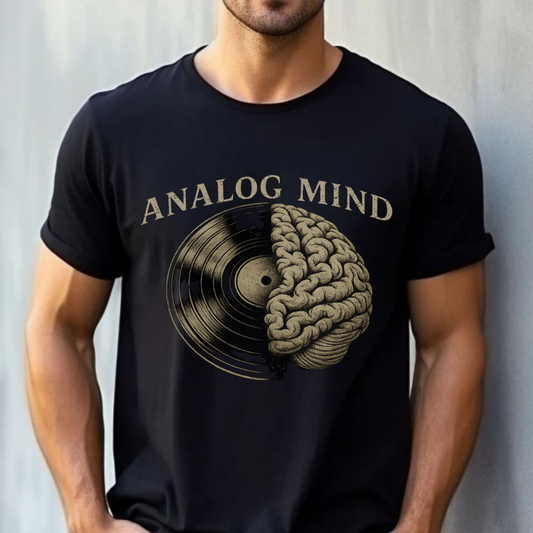 Person wearing a black t-shirt with 'Analog Mind' design featuring a brain and vinyl record.