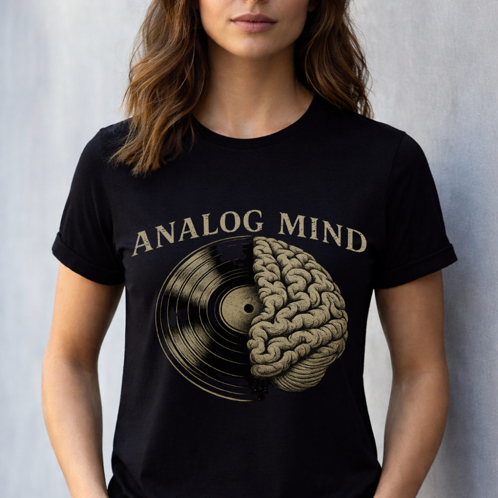 Person wearing a black t-shirt with 'Analog Mind' design featuring a brain and vinyl record.